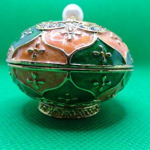 Peach Green Trinket box enamel hinged jewelry box rhinestones large pearl NEW